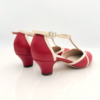 Vista laterale Karen art. 406 Nicole Rimini pelle rossa panna bicolore tacco swing 4 cm cinturino caviglia 2CAB punta chiusa F5P4 tomaia T-bar suola cuoio scarpa swing donna
