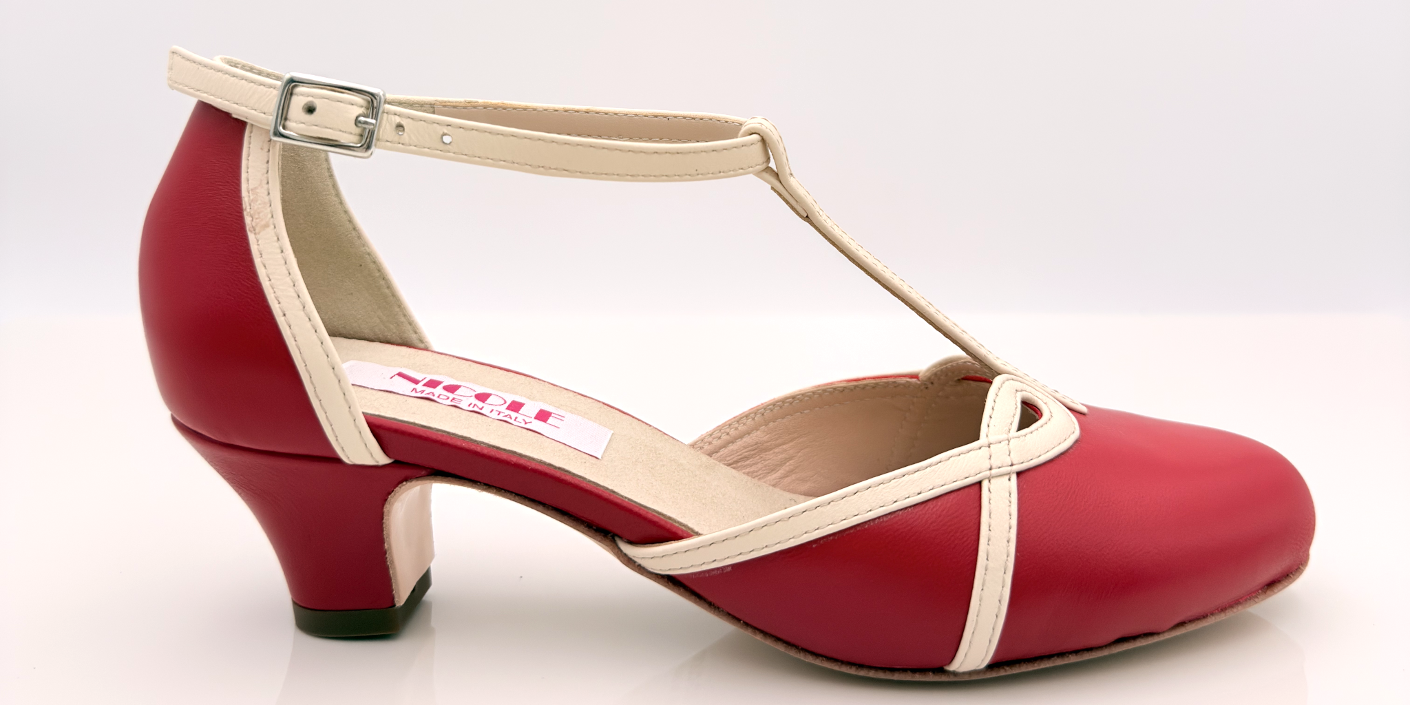 Karen art. 406 Nicole Rimini scarpa swing donna pelle rossa panna bicolore cinturino semplice 2CAB tacco swing 4HSW punta chiusa F5P4 suola cuoio stile retrò anni 50 made in Italy
