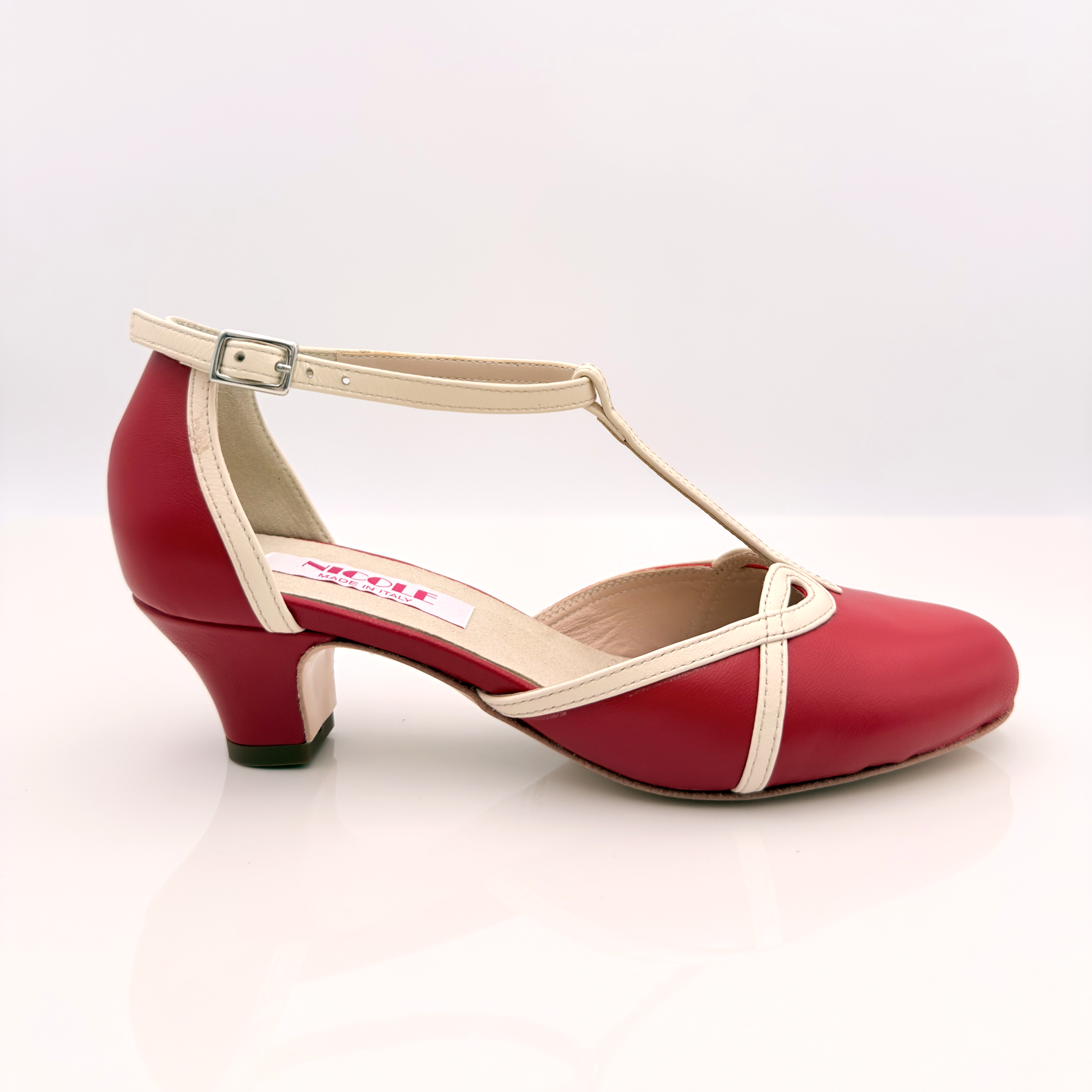 Karen art. 406 Nicole Rimini scarpa swing donna pelle rossa panna bicolore cinturino semplice 2CAB tacco swing 4HSW punta chiusa F5P4 suola cuoio stile retrò anni 50 made in Italy
