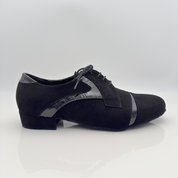 Kevin art. 307 Nicole Rimini scarpe tango uomo camoscio nero pelle verniciata nera punta chiusa Mod. F5P2 tacco basso 2,5HSU lacci cotone Mod. 2CAL suola bufala made in Italy — vista frontale
