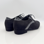 Kevin art. 307 Nicole Rimini camoscio nero pelle verniciata nera tacco standard uomo 2,5HSU punta chiusa scrollo quadrato F5P2 scarpe da ballo tango milonga artigianali italiane — vista laterale
