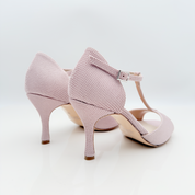 Lidia art. 184 Nicole Rimini scarpa donna tessuto sutra rosa chiaro tomaia T-bar nasetto punta aperta semi-arrotondata tacco spillo 8 cm suola cuoio memory gel artigianale italiana
