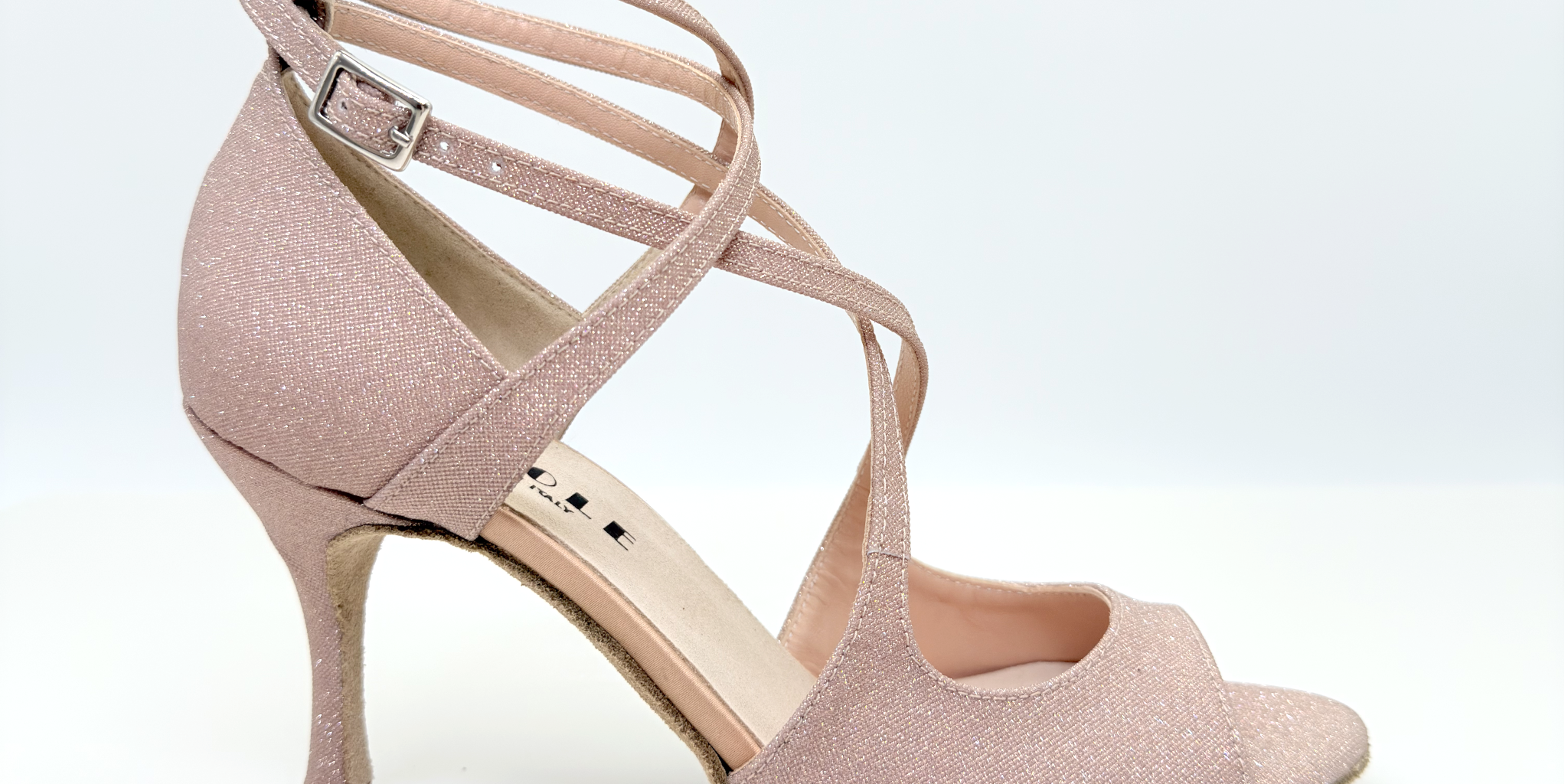 Lola art.193 Nicole Rimini scarpe kizomba vista frontale tessuto microglitter brillante rosa antico doppia allacciatura Mod. 1CAC tacco spillo 8HS punta spuntata F4P1 doppio cinturino memory gel artigianale made in Italy
