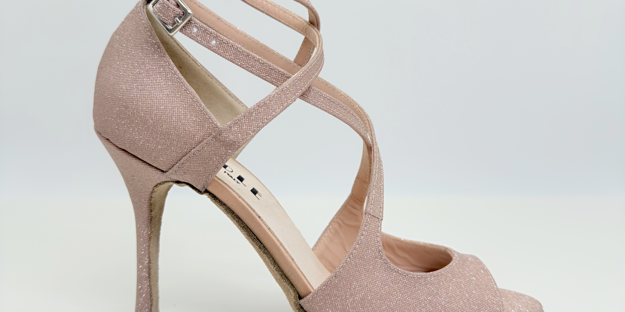 Lola art.193 Nicole Rimini scarpe kizomba vista frontale tessuto microglitter brillante rosa antico doppia allacciatura Mod. 1CAC tacco spillo 10HS punta spuntata F4P1 doppio cinturino memory gel artigianale made in Italy
