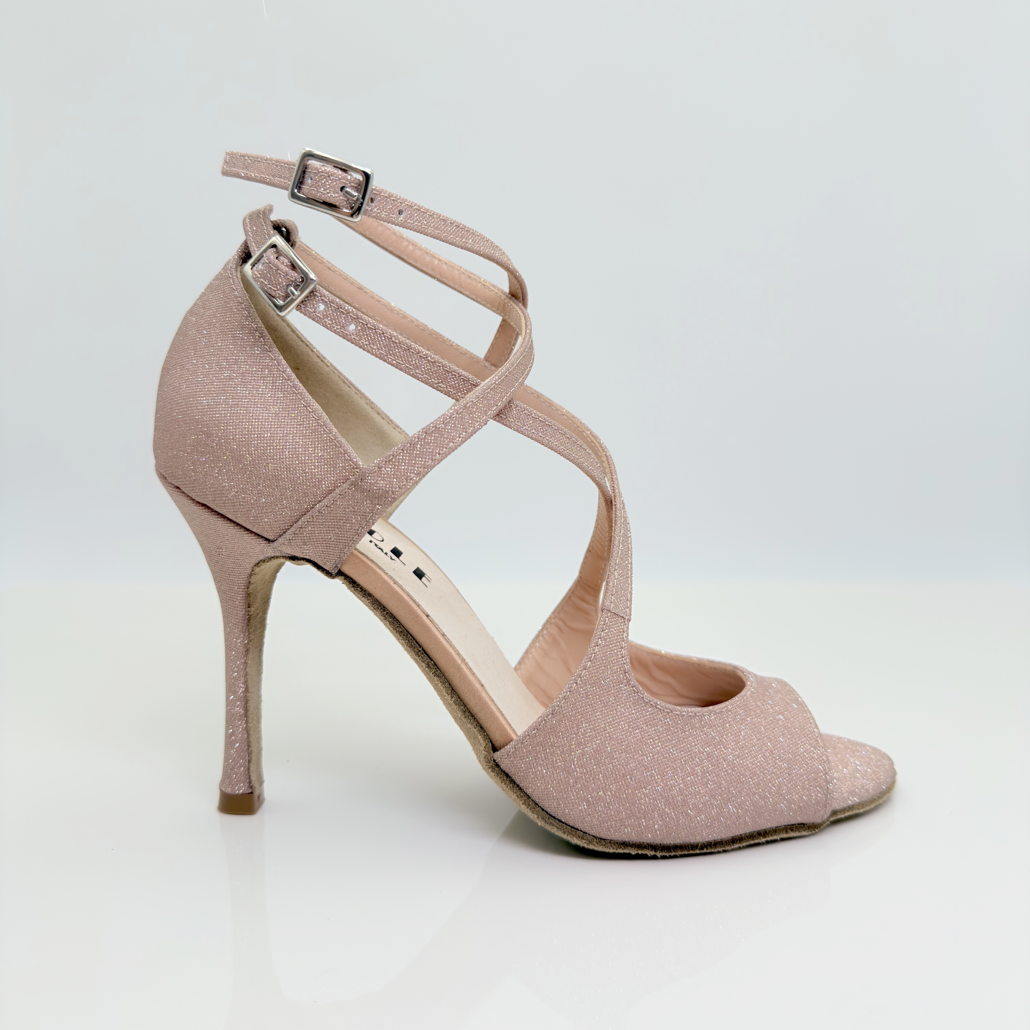 Lola art.193 Nicole Rimini scarpe kizomba vista frontale tessuto microglitter brillante rosa antico doppia allacciatura Mod. 1CAC tacco spillo 10HS punta spuntata F4P1 doppio cinturino memory gel artigianale made in Italy
