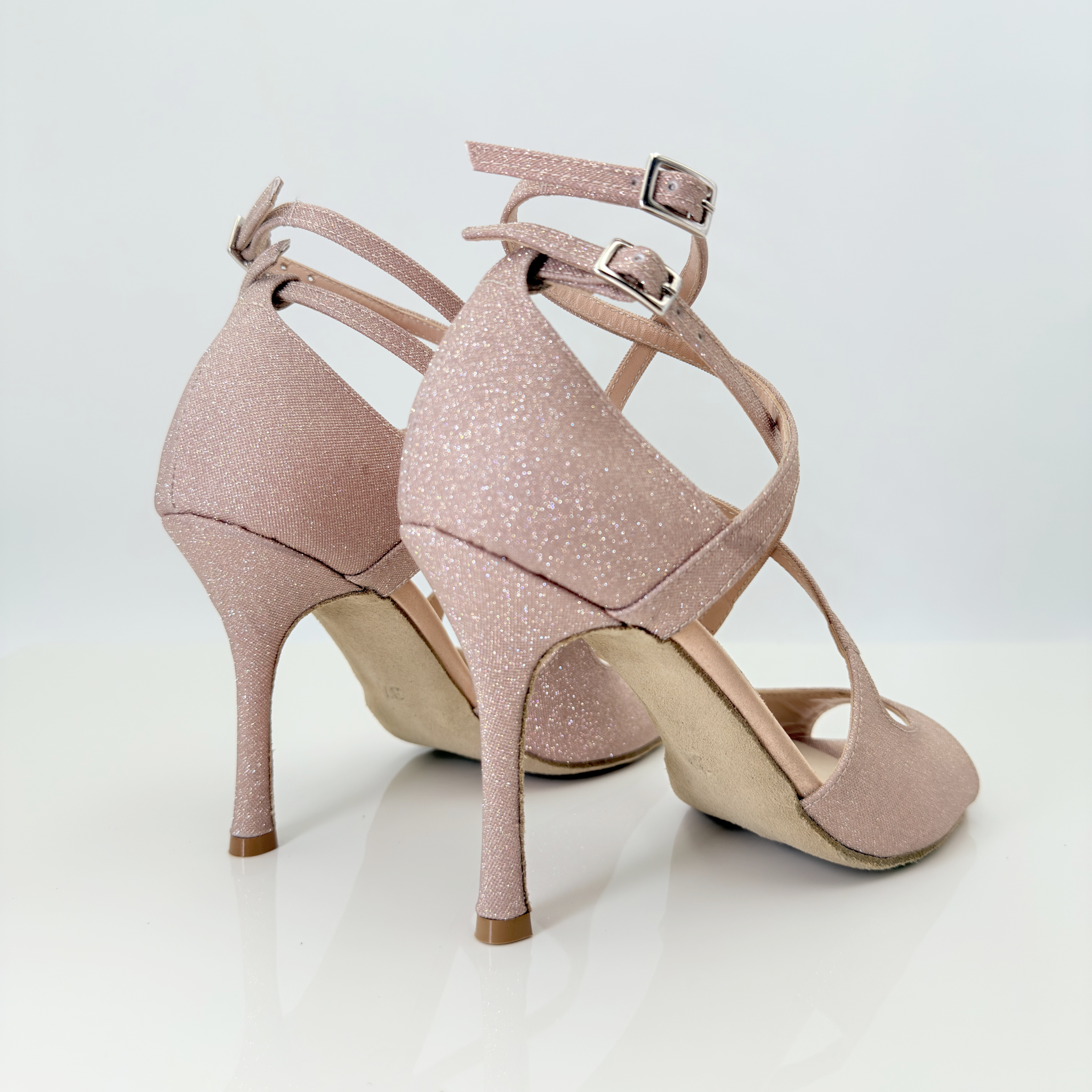 Lola art.193 Nicole Rimini scarpe da ballo kizomba vista laterale tessuto microglitter brillante rosa antico tacco spillo stiletto 10HS doppio cinturino 1CAC suola bufala caraibici tango semba urban kiz made in Italy
