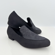 Vista frontale Lucas 318 Tessuto Scamosciato Nero Nicole Rimini — punta chiusa scrollo quadrato F5P2, mocassino slip-on senza lacci, tessuto scamosciato nero damascato, scarpe ballo uomo caraibici nicole rimini
