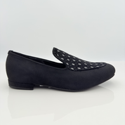 Lucas 318 Tessuto Scamosciato Rombi Nero Nicole Rimini — scarpe da ballo uomo mocassino slip-on tessuto scamosciato rombi nero, punta chiusa scrollo quadrato F5P2, tacco basso 1,5HU, suola gomma, ideale per salsa bachata kizomba liscio caraibici
