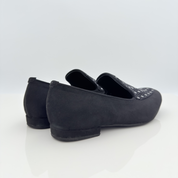 Vista laterale Lucas 318 Tessuto Scamosciato Rombi Nero Nicole Rimini — mocassino da ballo uomo artigianale italiano tessuto scamosciato nero inserto rombi nero, tomaia chiusa piede regolare, tacco basso uomo 1,5HU, suola gomma uso interno esterno
