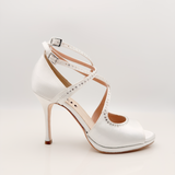 Lola Art. 193S - Cerimonia - Tacco Spillo 10HS - Tessuto Raso Bianco - Doppia Allacciatura 1CAC - Plateau 1cm | Nicole Scarpe da ballo