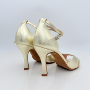 Nicole scarpe da ballo caraibici Manu 128 vista frontale pelle laminata platino tomaia doppia fascia cinturino 2CAI doppio incrocio tacco spillo 9cm bachata kizomba stabilità caviglia fibbia elastico
