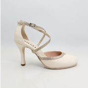 Marisol art. 206 Nicole Rimini scarpa cerimonia pelle panna glitter fine nude cinturino incrociato 1CAI tacco rocchetto 9HR punta chiusa F5P3 suola gomma made in Italy vista frontale
