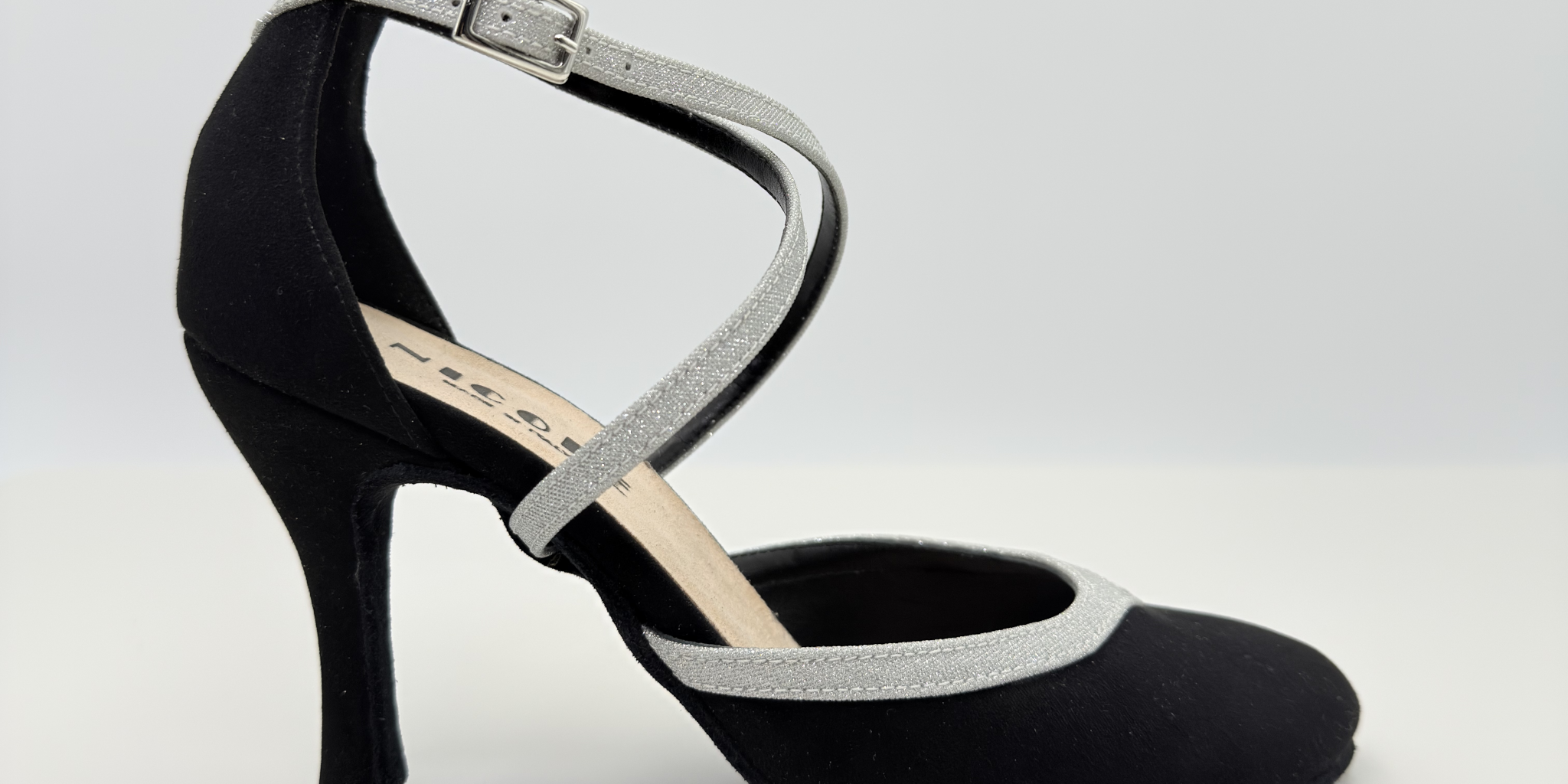 Marisol art. 206 Nicole Rimini scarpe da ballo liscio tessuto scamosciato nero e microglitter argento, tacco rocchetto 9HR, cinturino incrociato collo del piede Mod. 1CAI, punta chiusa scollo arrotondato F5P3, senza plateau, made in Italy
