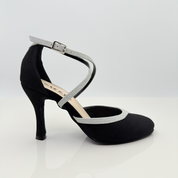 Marisol art. 206 Nicole Rimini scarpe da ballo liscio tessuto scamosciato nero e microglitter argento, tacco rocchetto 9HR, cinturino incrociato collo del piede Mod. 1CAI, punta chiusa scollo arrotondato F5P3, senza plateau, made in Italy
