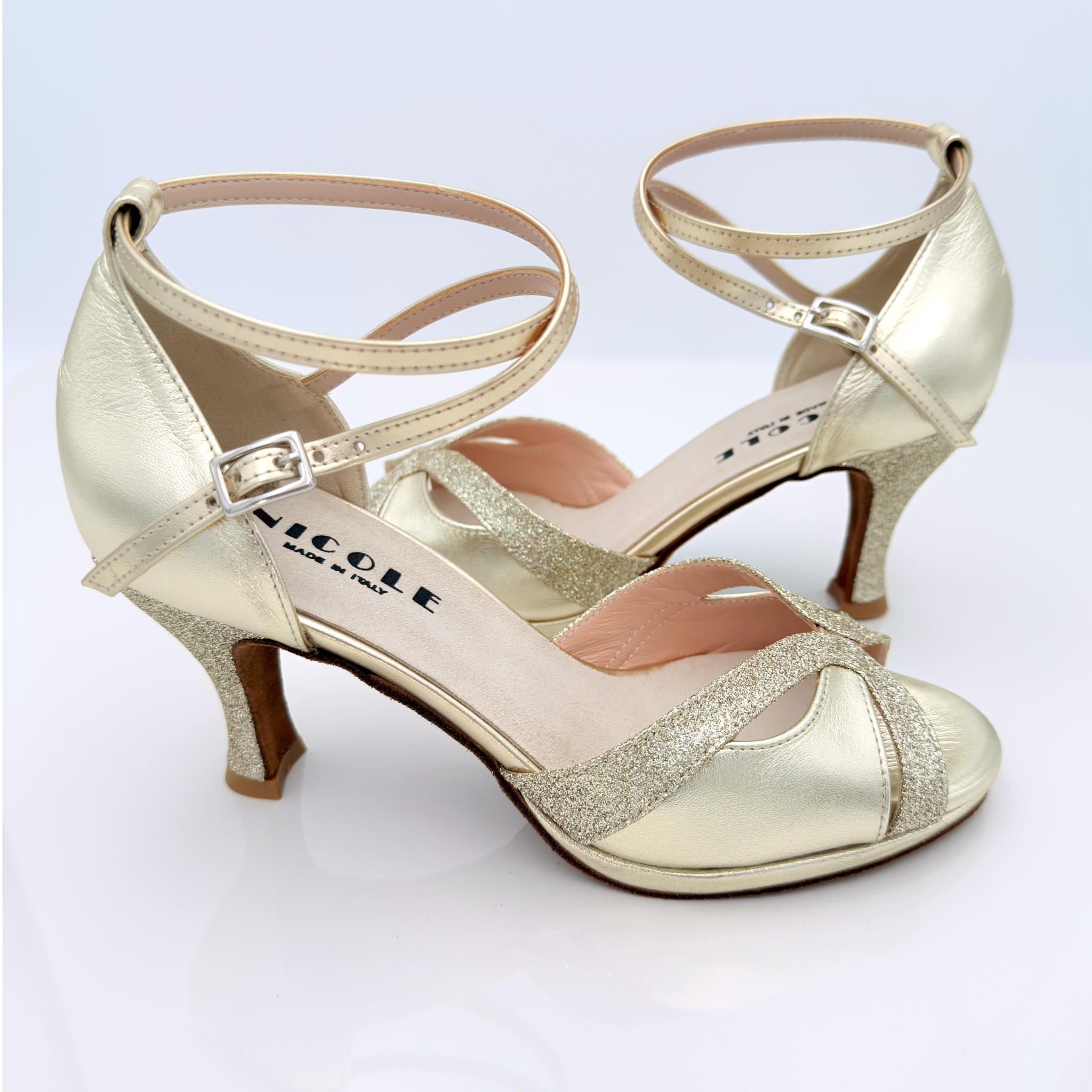 Scarpe da ballo liscio folk pelle laminata platino tessuto glitter tacco rocchetto 7cm plateau punta aperta cinturino caviglia 2CAI Nicole Rimini Mary 166

