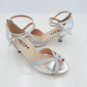 Mary art. 166 Nicole Rimini vista posteriore tacco rocchetto 5HR pelle laminata argento punta aperta semi-arrotondata scarpa donna made in Italy
