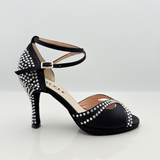 Mary 166S - Scarpa da Ballo Raso Nero Strass Cristallo Tacco Rocchetto 9cm Plateau | Doppio Incrocio
