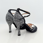 Nicole scarpe da ballo caraibici Mary 166S vista frontale raso nero strass cristallo tomaia farfalla avvolgente piedi magri cinturino 2CAI doppio incrocio tacco rocchetto 9cm plateau bachata kizomba
