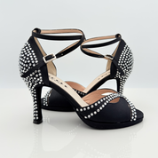 Nicole scarpe da ballo caraibici Mary 166S dettaglio strass cristallo raso nero punta aperta semi-arrotondata F1P1 tacco rocchetto 9cm plateau caraibico artigianale made in Italy ventilazione
