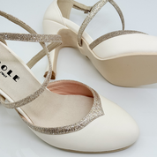 Marisol art. 206 Nicole Rimini scarpa cerimonia vista posteriore tacco rocchetto 9HR pelle panna glitter fine nude punta chiusa suola gomma artigianale italiana matrimonio giardino spiaggia
