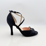Nena 133 - Scarpa da Ballo Raso Nero Tacco Rocchetto 9cm Suola Bufala | Fibbia Strass Cinturino 3CAI
