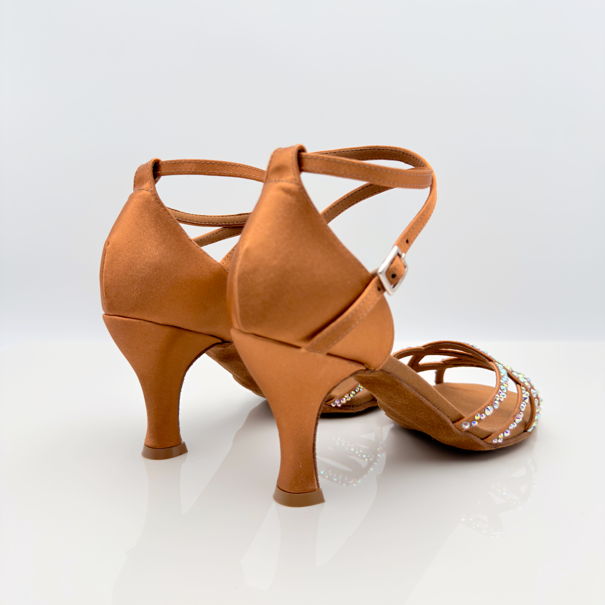 Olivia art. 207S3 Nicole Rimini scarpe ballo latino americano tessuto raso tan strass aurora boreale fascia a gabbia F2P4 cinturino incrociato 2CAI tacco rocchetto 7HR suola bufala competizione
