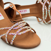 Olivia art. 207S3 Nicole Rimini tacco rocchetto 7HR punta aperta arrotondata doppia fascia F2P4 tessuto raso tan strass aurora boreale scarpe ballo latino americano cha cha cha rumba samba jive
