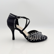 Nicole scarpe da ballo caraibici Patty 138 raso nero strass baguette cristallo tacco spillo 8cm cinturino 3CAI collo piede asola fascia gabbia F1P3 salsa bachata suola bufala made in Italy vista generale
