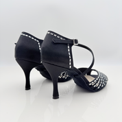 Nicole scarpe da ballo caraibici Patty 138 dettaglio strass baguette cristallo raso nero punta aperta semi-arrotondata F1P3 tacco spillo 8cm caraibico artigianale made in Italy eleganza luce
