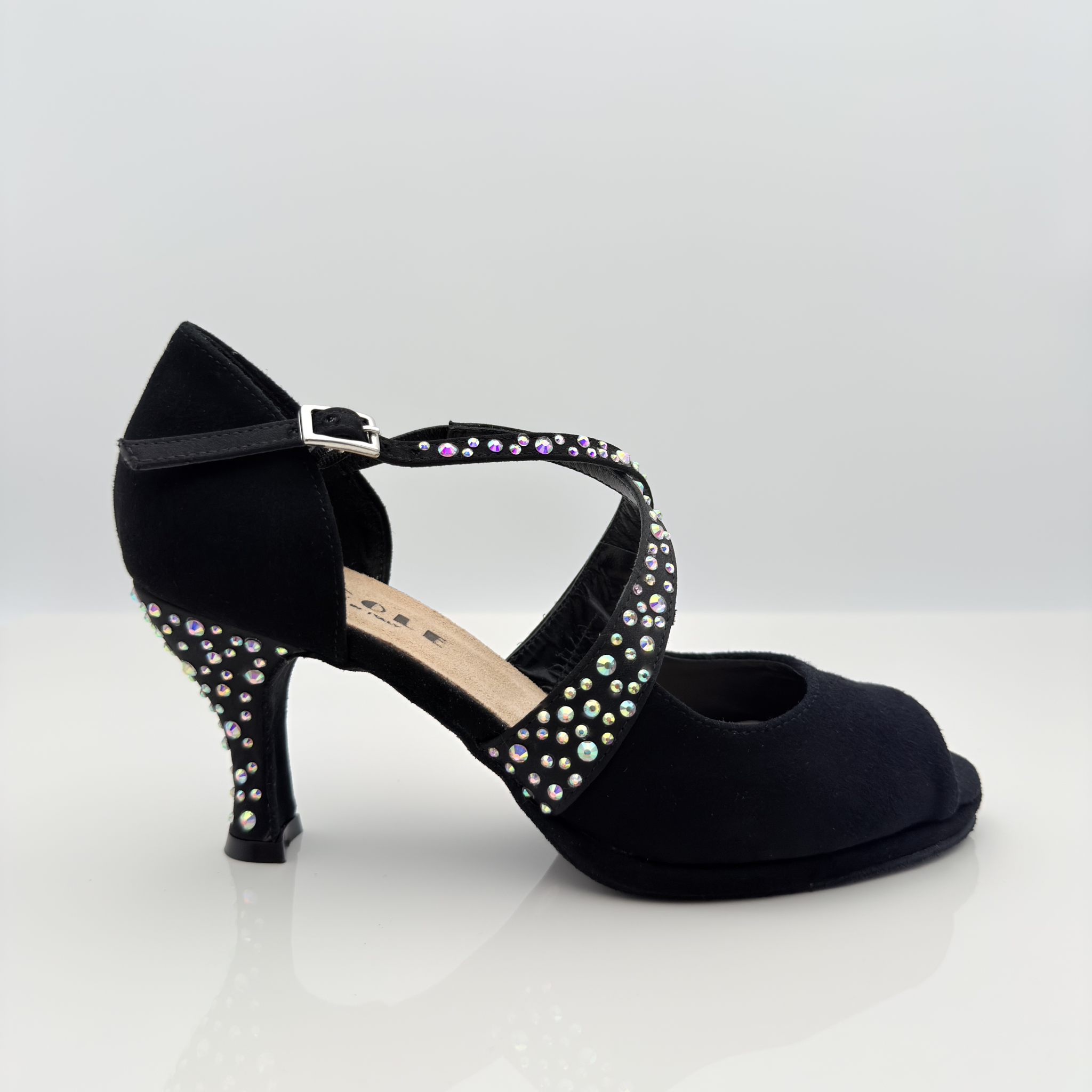 Paula 167S3 scarpa da ballo in camoscio nero e raso con strass aurora boreale, tacco rocchetto 7HR e plateau 1cm, vista frontale, per salsa e bachata sensual, Nicole Rimini
