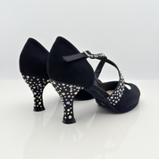 Paula 167S3 scarpa da ballo Nicole Rimini in camoscio nero con strass aurora boreale su raso, cinturino incrociato sul collo del piede Mod. 1CAI, tacco rocchetto 7 centimetri, vista laterale
