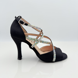 Penelope 195S - Scarpa da Ballo Raso Nero con Strass Aurora Boreale, Tacco Rocchetto 9HR | Doppio Incrocio Brillante sul Collo del Piede