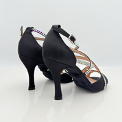 Penelope 195S Nicole Rimini scarpa da ballo raso nero strass aurora boreale brillante, cinturino doppio incrocio elegante sul collo del piede con asola, tacco rocchetto 9 centimetri, vista laterale
