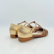 
Dettaglio tomaia Perl art. 413 Nicole Rimini pelle laminata oro bronzo cinturino semplice caviglia Mod. 1CAB punta chiusa scollo arrotondato F5P3 piede regolare scarpa swing lindy hop charleston


