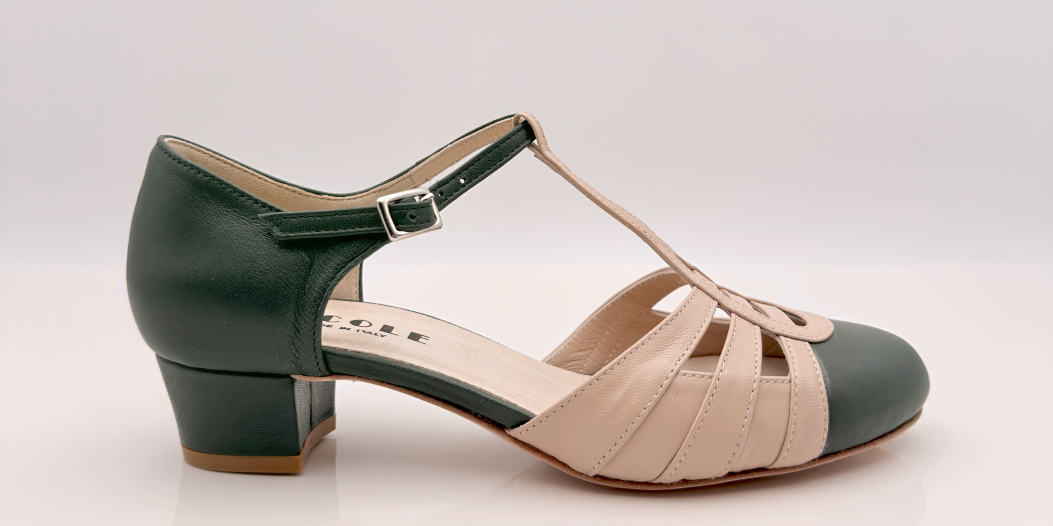 Perl art. 413 Nicole Rimini scarpa swing donna pelle verde rosa cipria bicolore cinturino fascetta T 2CAB tacco quadrato 3,5HQ punta chiusa F5P4 tomaia T-bar aperture estiva suola cuoio memory gel made in Italy
