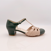 Perl art. 413 Nicole Rimini scarpa swing donna pelle verde rosa cipria bicolore cinturino fascetta T 2CAB tacco quadrato 3,5HQ punta chiusa F5P4 tomaia T-bar aperture estiva suola cuoio memory gel made in Italy
