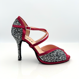 Ramona art.121 Tessuto Glitter Grosso Pepe Sale e Raso Rosso Cardinale Cinturino 1CAI Tacco Spillo 10HS Plateau | Nicole Rimini