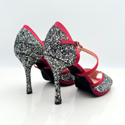 Ramona art.121 Nicole Rimini scarpe da ballo kizomba vista laterale tessuto glitter pepe sale raso rosso cardinale tacco spillo stiletto 10HS plateau 1cm cinturino incrociato 1CAI suola bufala caraibici tango made in Italy
