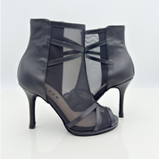 Ruby art. 220 heels dance pelle nera rete trasparente tacco spillo 10HS suola bufala lavorata aderenza ballo punta spuntata poco aperta F4P1 plateau 1cm Nicole Rimini vista posteriore
