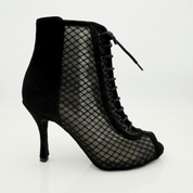 Scarlett art. 233 scarpe heels dance camoscio nero tessuto rete trasparente tacco spillo 9HS zip laccio 1CAL punta aperta F2P4 suola bufala memory gel Nicole Rimini made in Italy vista frontale


