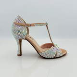 Serena 147BS - Scarpa da Ballo Raso Carne Chiaro con Strass Aurora Boreale, Tacco Rocchetto 9HR | Strass Applicati a Mano uno ad uno