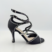 Sharon 162S scarpa da ballo in raso nero con strass aurora boreale, doppia allacciatura incrociata cinturino collo piede caviglia Mod. 1CAC, tacco rocchetto 9HR, vista frontale, per salsa e bachata sensual, Nicole Rimini
