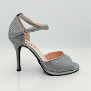 Sofia 103 scarpa da ballo in tessuto glitterato Mireya antracite e pelle laminata, tacco spillo 10HS plateau 1cm, cinturino incrociato caviglia 2CAI, vista frontale, per salsa e bachata sensual, Nicole Rimini
