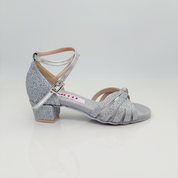 Sole art. 401G Nicole Rimini scarpe da ballo folk liscio romagnolo bambina in tessuto glitter argento, cinturino incrociato alla caviglia Mod. 2CAI, tacco rocchetto 3,5HQ plateau 1cm, punta aperta semi-arrotondata F2P3, flessibile kids girl
