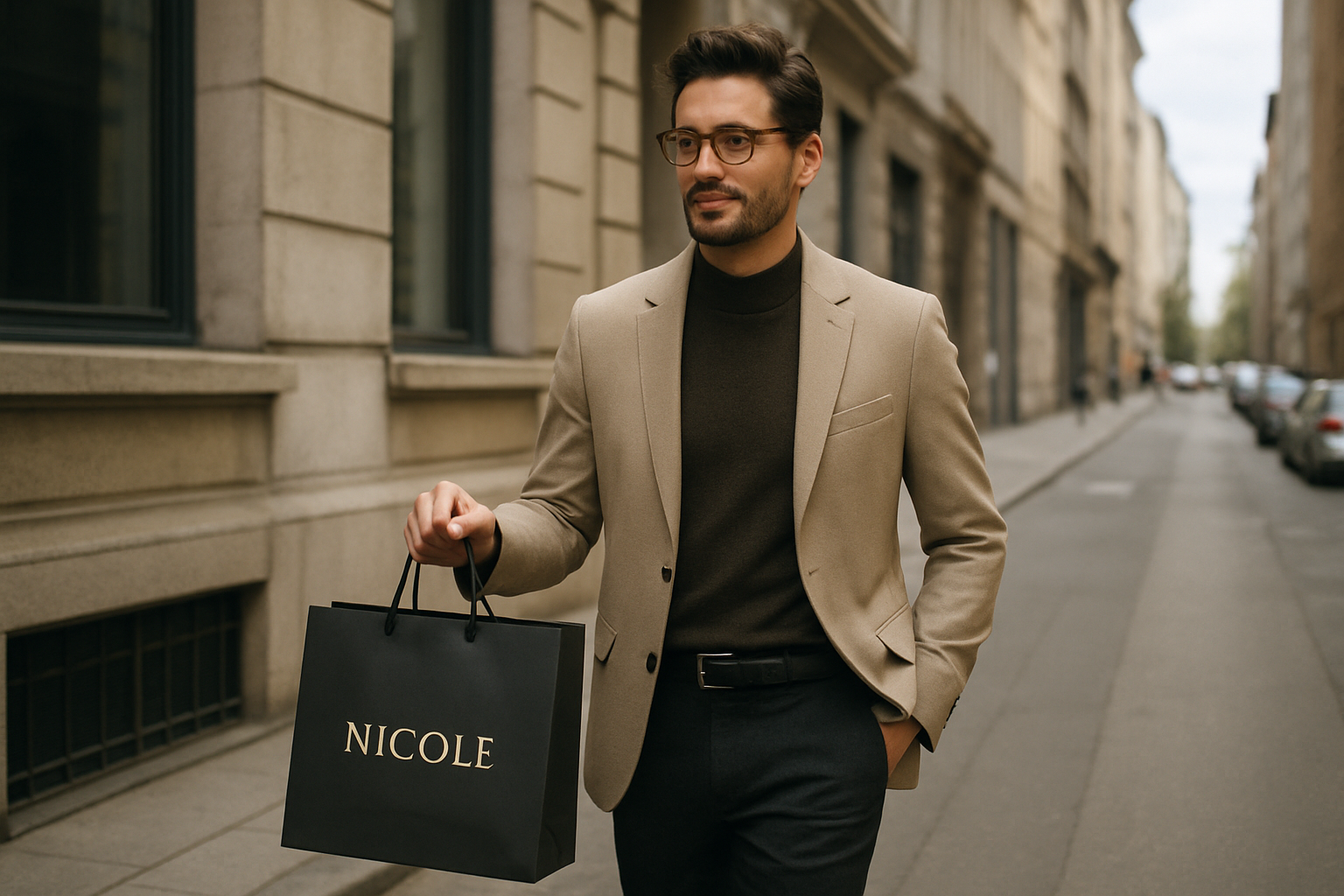 immagine di uomo con borsa da shopping in mano per strada, borsa con logo "Nicole"