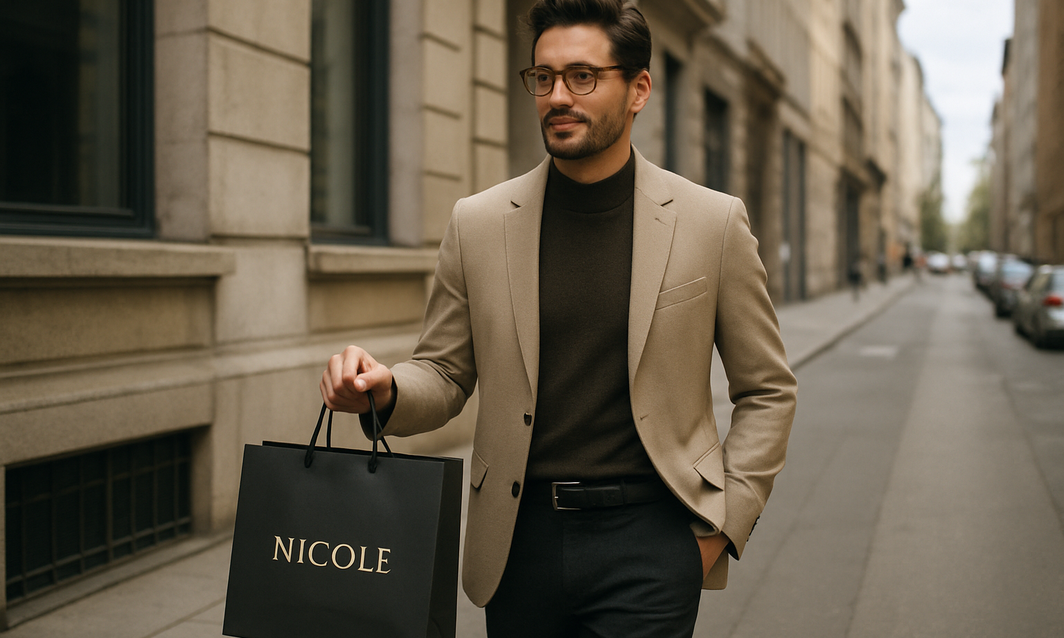 immagine di uomo con borsa da shopping in mano per strada, borsa con logo "Nicole"